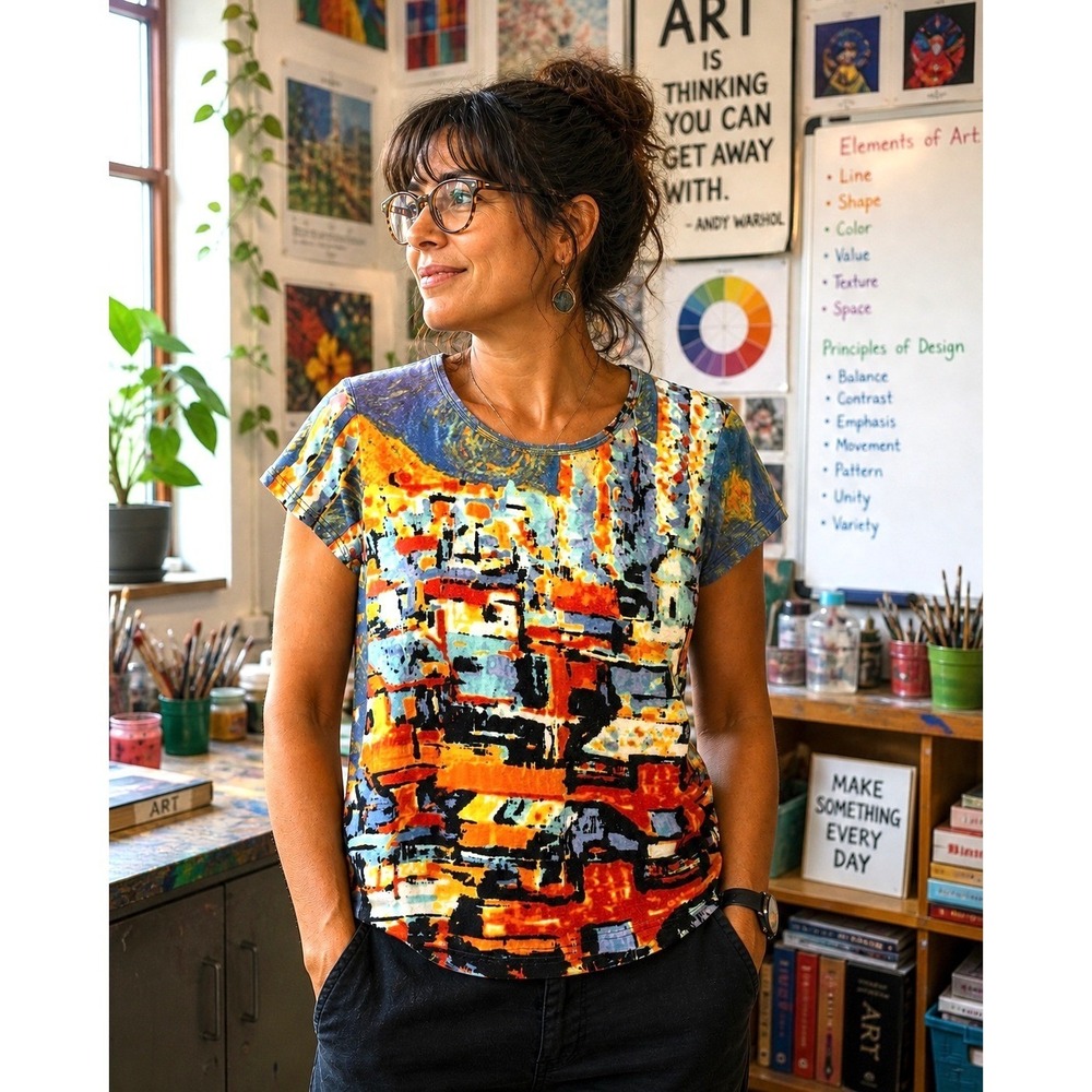 Orientique Naturally Australian Top Abstract Art Small Art to Wear Van Gogh City